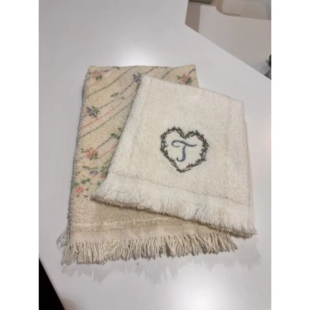 Vintage CANNON Monogrammed T Embroidered Hand Towel Pastel Floral Glam Set